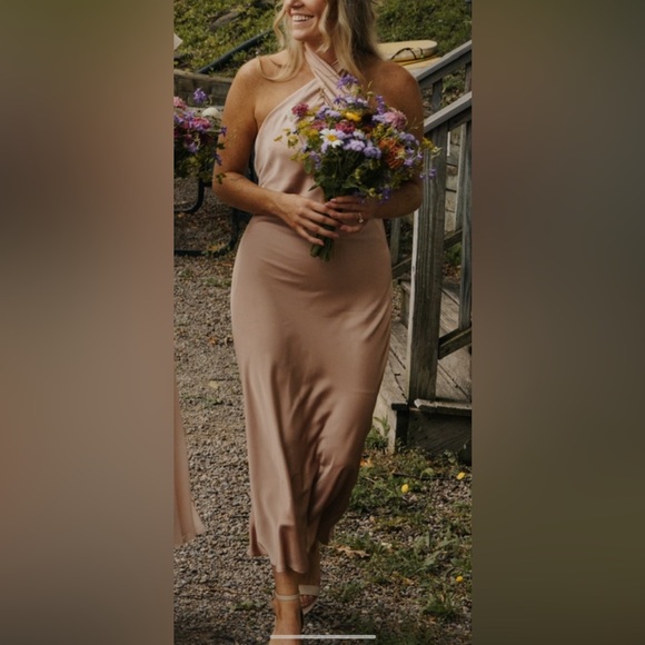 Show Me You MuMu Jasmine Halter Midi Dress ~ Rose Gold Luxe Satin - Size S - Picture 4 of 5